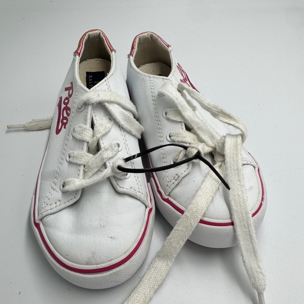 Polo by Ralph Lauren Toddler Girl Size 10 Kids White Sneakers with Pink Accents - Picture 4 of 11